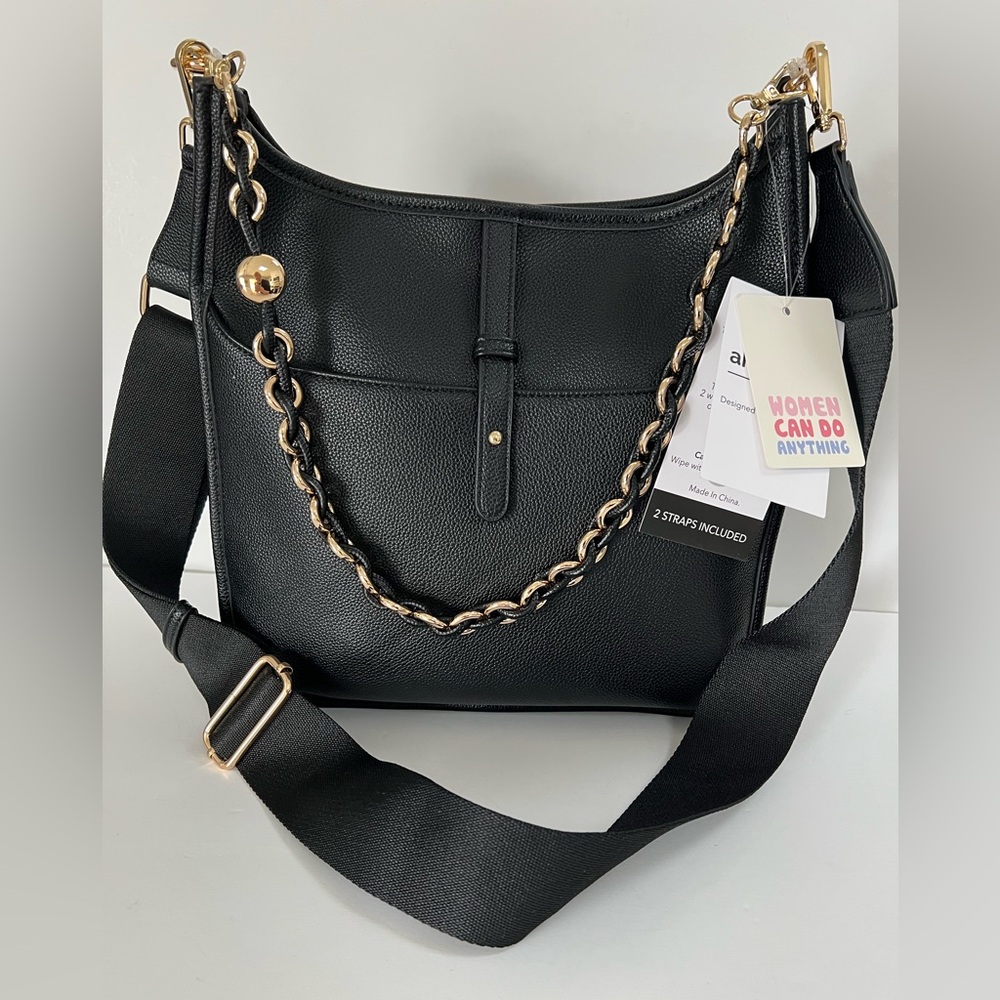 Ah-Dorned New York Black Evelyne Style Satchel Gold Chain Crossbody Bag NWT